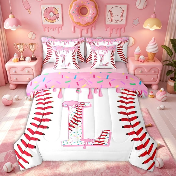 Meiyoeat Donut Initial L Letter Twin Bedding Sets for Girls Kids, Ice Cream Baseball Sport Bedding Comforter Set, Pink, Pink Reversible, 7-Piece