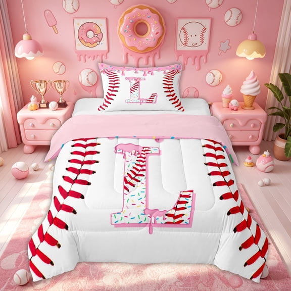 Meiyoeat Donut Initial L Letter Twin Comforter Sets for Girls Kids, Ice Cream Baseball Sport Bedding Set, Pink, Pink Reversible, 2-Piece