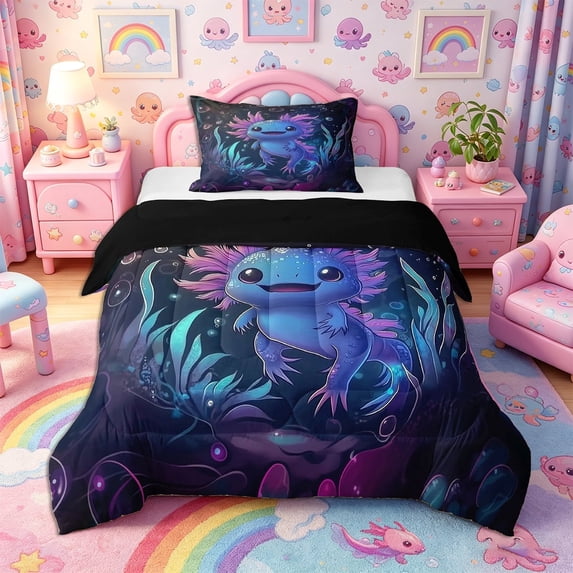 Meiyoeat Dreamy Axolotl Print Twin Comforter Sets 2pcs, Neon Underwater Bubble Pattern Bedding Set, Blue Purple,Black Reversible