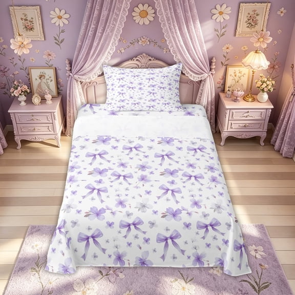 Meiyoeat Dreamy Bow Flower Twin Sheet Sets for Women Girls, Lavender Purple Cherry Blossoms Bedding, 3 Pieces
