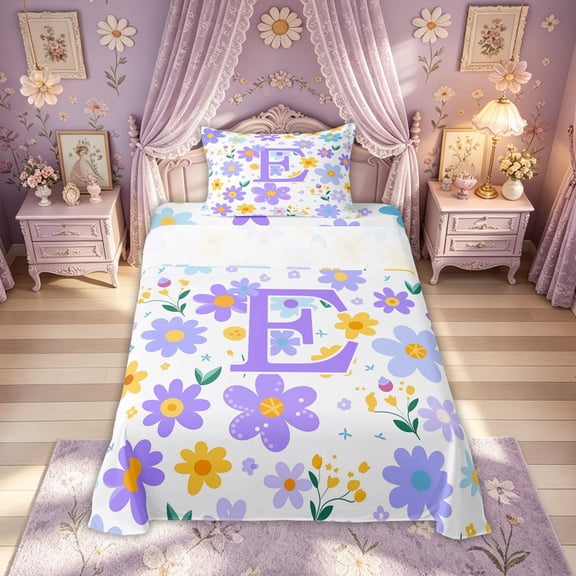 Meiyoeat Dreamy Daisy Letter E Twin Sheet Sets for Women Girls, Purple Cartoon Floral Bedding, 3 Pieces
