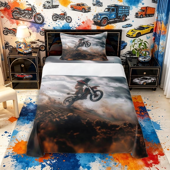 Meiyoeat Dynamic Dirt Bike Rider Twin Sheets 3pcs for Boys,Adventure Motocross Bedding,Brown Grey,1 Fitted Sheet,1 Flat Sheet and 1 Pillowcase