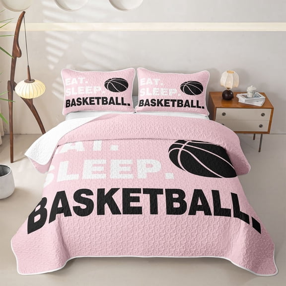 Meiyoeat Eat Sleep Basketball Print Twin Quilt Set,Sport Theme Twin Coverlet Set,Black Pink
