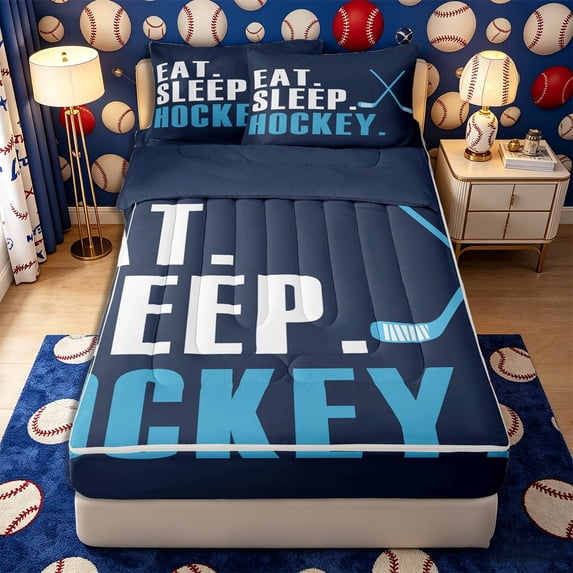 Meiyoeat Eat Sleep Hockey Print Zipper Full Size Comforter Sets with Fitted Sheet and 2 Pillowcases, Ball Gamer Zipper Bedding Set, Navy Light Blue,4pcs,Navy Blue Reversible