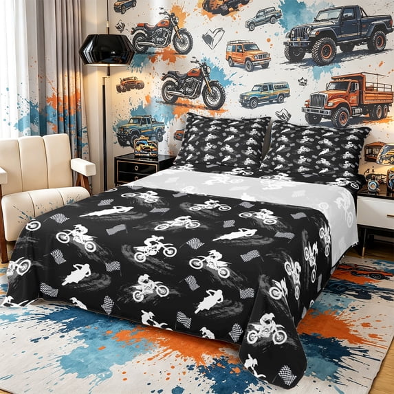Meiyoeat Edgy Motocross Silhouette Bed Sheets 4-Piece for Youth,Checkered Flag Bike Full Size Sheets,Black White,1 Fitted Sheet,1 Flat Sheet and 2 Pillowcases