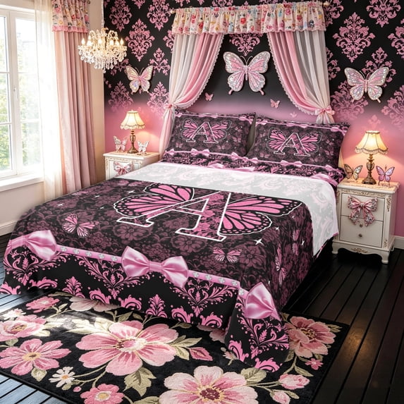 Meiyoeat Fashion Bow Damask Floral King Sheets for Women Girls, Black Pink Butterfly Monogrammed A Bed Sheets, 4-Piece
