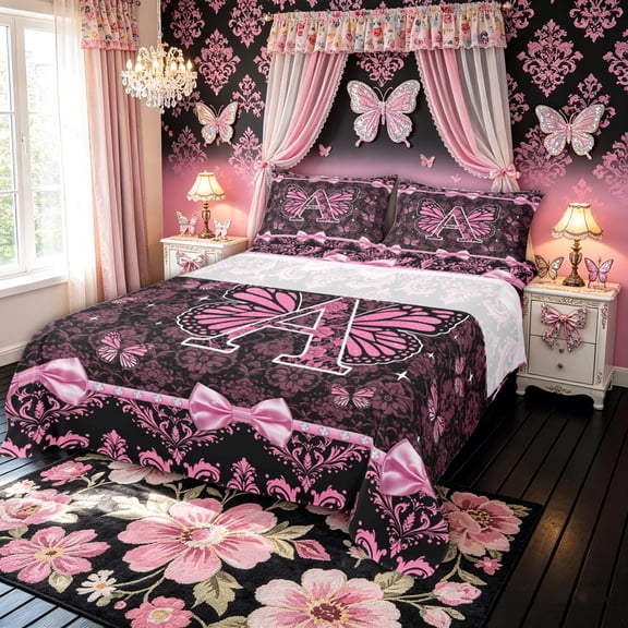 Meiyoeat Fashion Bow Damask Floral Queen Sheet Sets for Women Girls, Black Pink Butterfly Monogrammed A Bedding, 4-Piece