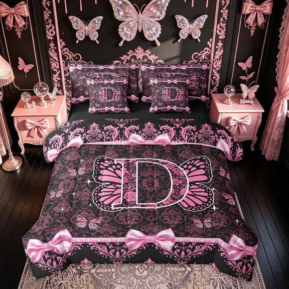 Meiyoeat Fashion Bow Damask Flower Bedding Comforter Set for Women Girls, Glitter Print Butterfly D Letter Queen Bedding Sets, Black Pink, Black Reversible, 7-Piece