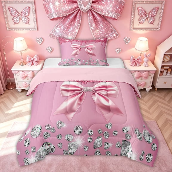 Meiyoeat Fashion Dripping Glitz Bow Twin Comforter Sets for Women Girls, Pink Sparkle Diamond Bedding Set, Pink Reversible, 2 Pieces