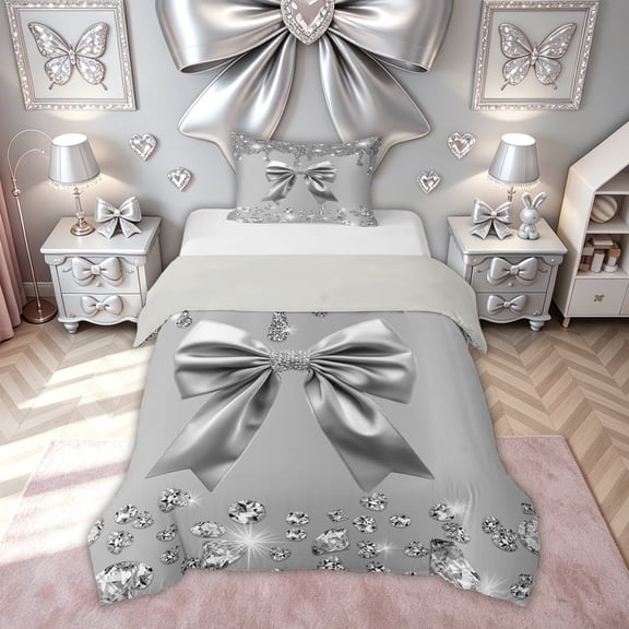 Meiyoeat Fashion Glitter Bow Gemstones Twin Bedding for Women Girls, Silver Sequin Print Duvet Cover Set, Grey Reversible, 1 Duvet Cover and 1 Pillowcase (No Comforter)