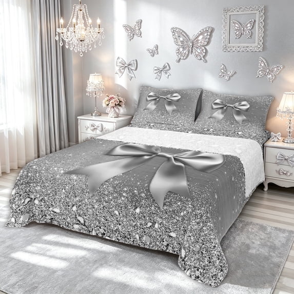 Meiyoeat Fashion Princess Bow Diamond Full Size Sheets for Men Women, Glitter Print Ribbon Bed Sheets, Silver White, 4pcs