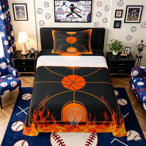 Meiyoeat Fiery Basketball Court Twin Sheets 3pcs, Flame Print Bedding, Black Orange