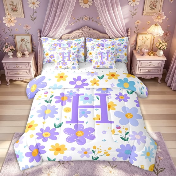 Meiyoeat Garden Bloom Groovy Flower Bedding Comforter Set for Women Girls, Purple Initial H Letter Full Bedding Set, Reversible, 7pcs