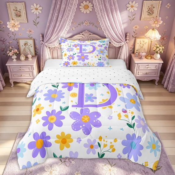 Meiyoeat Garden Flower D Letter Twin Comforter Sets for Women Girls, Purple Cute Groovy Daisy Bedding Set, Reversible, 2-Piece