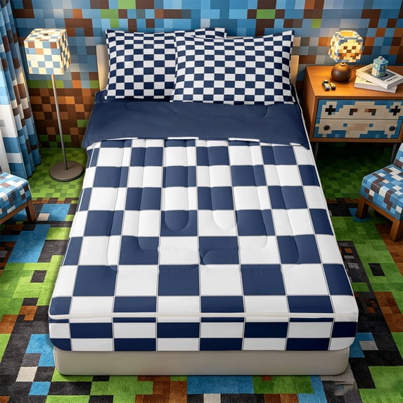 Meiyoeat Geometric Grid Zipper Queen Comforter Set With Fitted Sheet and 2 Pillowcases,Navy Blue White