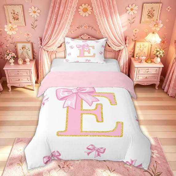 Meiyoeat Girly Bow Alphabet E Twin Bedding for Kids Girls, Fashion Letter Duvet Cover Set, Pink Golden, Pink Reversible, 1 Duvet Cover and 1 Pillowcase (No Comforter)