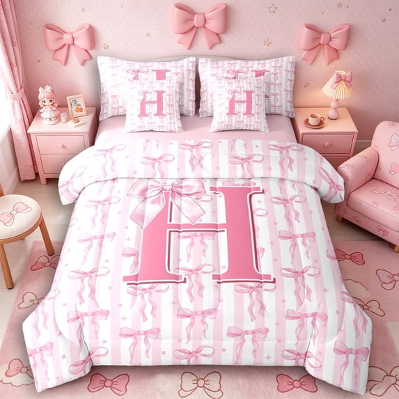 Meiyoeat Girly Bow Letter H Twin Bedding Sets 7-Piece for Girls Adults, Cute Stripe Bedding Comforter Set for Decor, Light Pink White,Pink Reversible