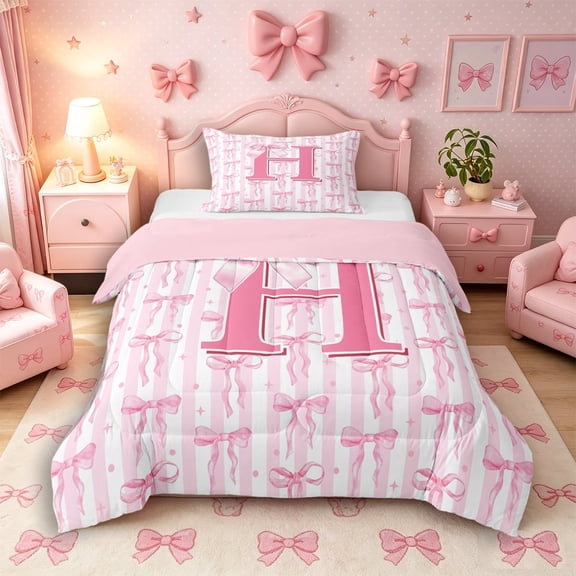 Meiyoeat Girly Bow Letter H Twin Comforter Sets 3-Piece for Girls Adults, Cute Stripe Bedding Set for Decor, Light Pink White,Pink Reversible