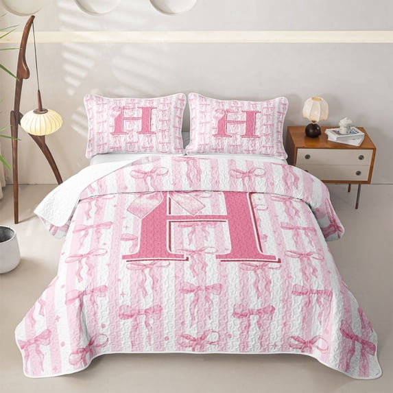 Meiyoeat Girly Bow Letter Twin Quilt Set for Girls Adults,Cute Stripe Twin Coverlet Set,Light Pink White
