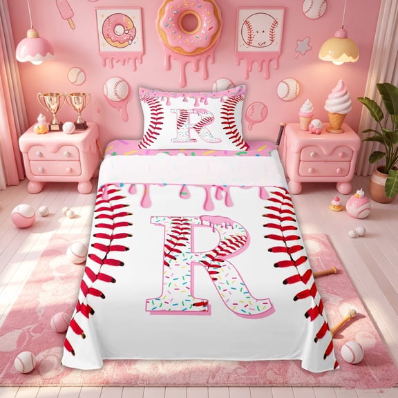 Meiyoeat Girly Donut Baseball Twin Sheet Sets for Girls Kids, Ice Cream R Letter Bedding, Pink Red, 3-Piece