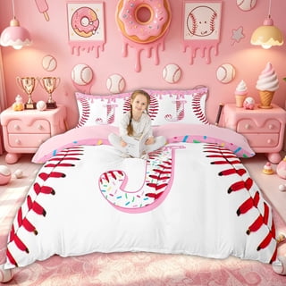 Meiyoeat Girly Dripping Ice Cream Duvet Cover Set for Kids Girls, Cartoon Baseball Initial J Bedding Full, Pink, Pink Reversible, 1 Duvet Cover and 2 Pillowcases (No Comforter)