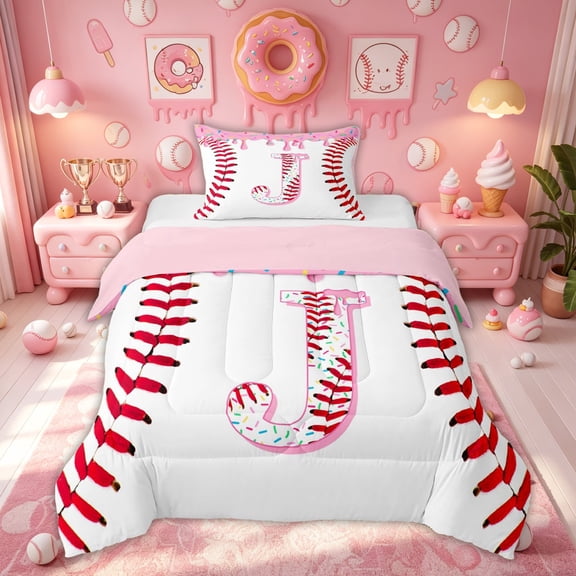 Meiyoeat Girly Dripping Ice Cream Twin Comforter Sets for Kids Girls, Cartoon Baseball Initial J Bedding Set, Pink, Pink Reversible, 2 Pieces