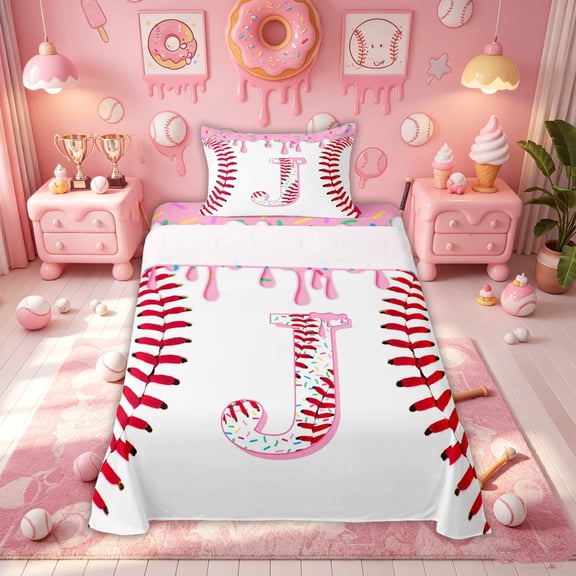 Meiyoeat Girly Dripping Ice Cream Twin Sheet Sets for Kids Girls, Cartoon Baseball Initial J Bedding, Pink, 3 Pieces