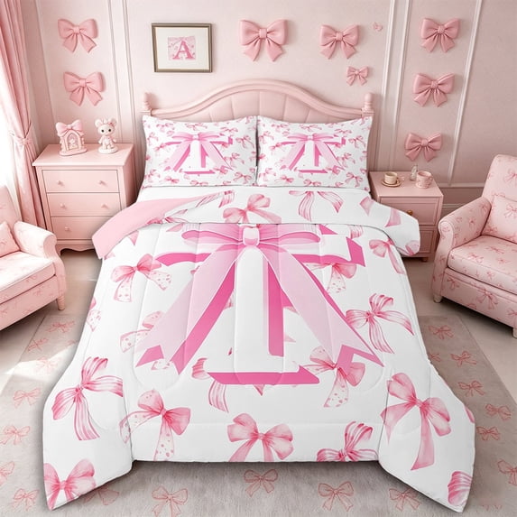 Meiyoeat Girly Letter T Twin Comforter Sets 3-Piece for Girls, Pink Bow Print Bedding Set for Bedroom, Pink White,Pink Reversible