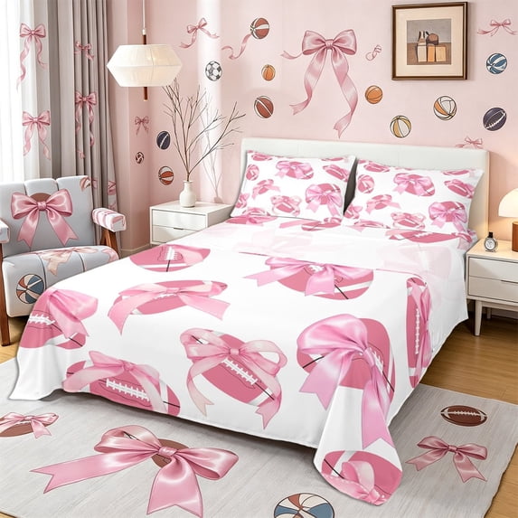 Meiyoeat Girly Pink Bow Football Queen Sheets 4 Pieces for Teens, Sport Ball Kawaii Bowknot Queen Sheet Sets for Bedroom