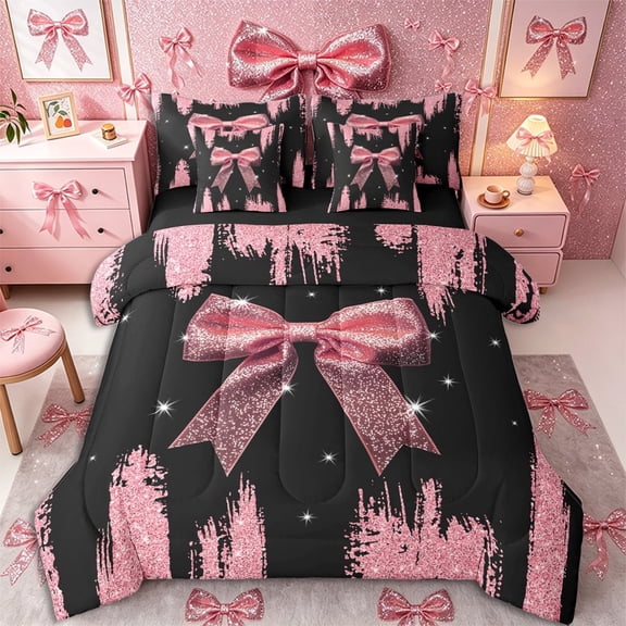 Meiyoeat Girly Pink Bow Twin Bedding 7-Piece for Teens, Sparkle Glitter Print Bedding Comforter Set for Bedroom,Black Reversible