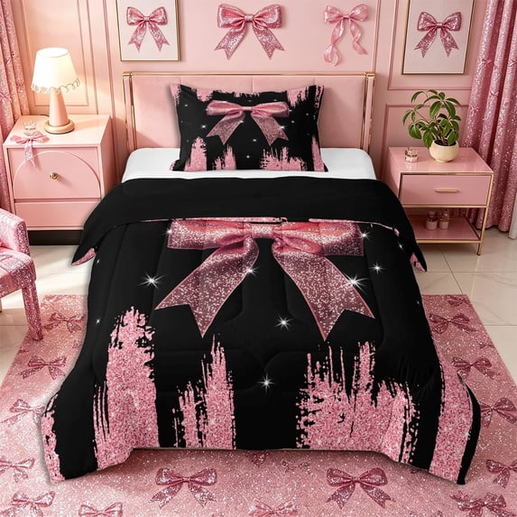 Meiyoeat Girly Pink Bow Twin Comforter Sets 2pcs for Teens, Sparkle Glitter Print Bedding Set for Bedroom,Black Reversible
