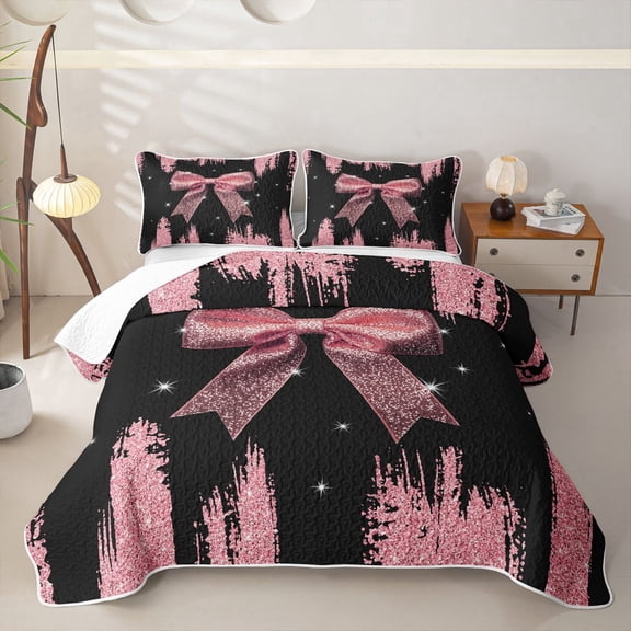 Meiyoeat Girly Pink Bow Twin Quilt Set for Teens,Sparkle Glitter Print Twin Coverlet Set for Bedroom