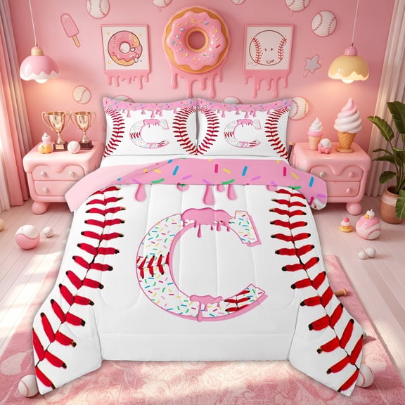 Meiyoeat Girly Pink Sprinkle Initial C Full Size Comforter Sets for Girls Kids, Baseball Ice Cream Bedding Sets, Pink Red, Pink Reversible, 3-Piece