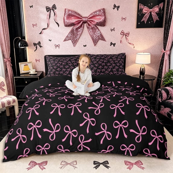 Meiyoeat Girly Ribbon Bow Bedding for Teens, Black pink Duvet Cover Full for Bedroom,Black Reversible,3pcs,No Comforter