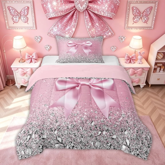 Meiyoeat Girly Sequin Print Bow Twin Comforter Sets for Girls Kids Women, Princess Gemstones Bedding Set, Pink Silver, Pink Reversible, 2-Piece