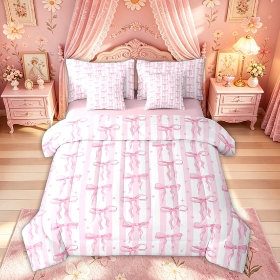 Meiyoeat Girly Stripe Princess Bow Bedding Comforter Set for Girls Females, Watercolor Polka Dot Full Bedding Set, Pink White, Pink Reversible, 7pcs