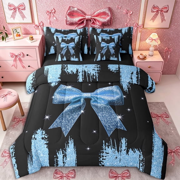 Meiyoeat Glitter Blue Bow Twin Bedding 7-Piece, Sparkle Print Bedding Comforter Set, Blue Black,Black Reversible