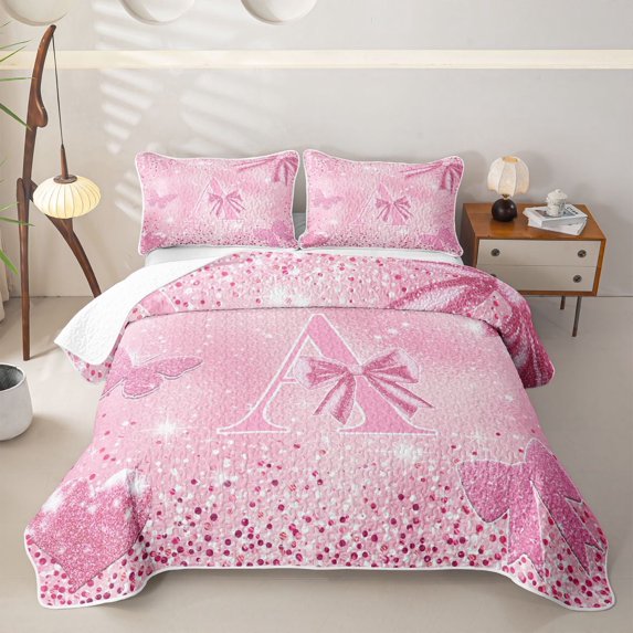 Meiyoeat Glitter Pink Letter A Twin Quilt Set,Sparkle Bow Print Twin Coverlet Set for Bedroom