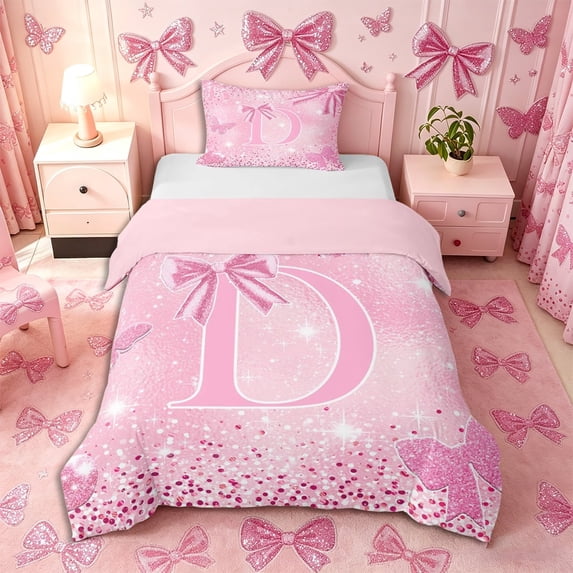 Meiyoeat Glitter Pink Letter D Twin Duvet Cover, Sparkle Bow Print Twin Bedding for Bedroom,Pink Reversible,2pcs,No Comforter