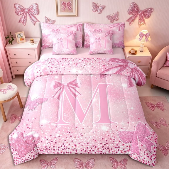 Meiyoeat Glitter Pink Letter M Full Size Bedding Sets 7 Pieces for Girls, Sparkle Bow Print Full Size Bed in a Bag for Bedroom,Pink Reversible