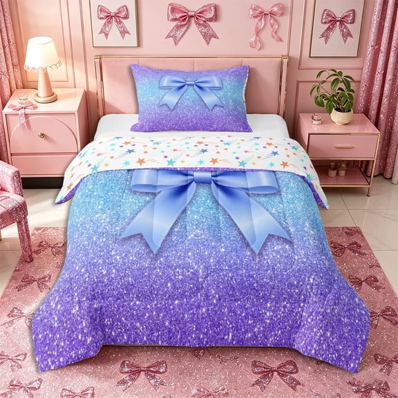 Meiyoeat Glitter Princess Ribbon Bow Twin Comforter Sets 2pcs for Teens, Gradient Blue Purple Bedding Set