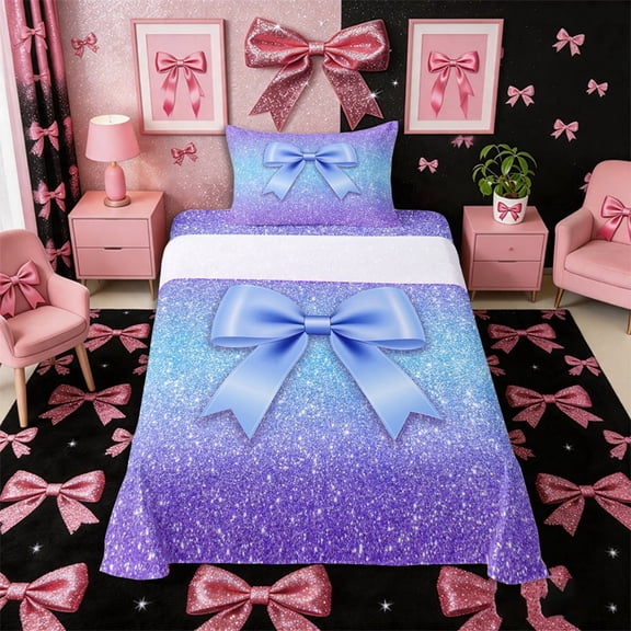 Meiyoeat Glitter Princess Ribbon Bow Twin Sheets 3pcs for Teens, Gradient Blue Purple Bedding