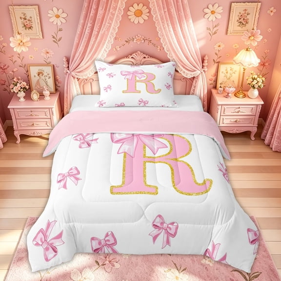 Meiyoeat Glitter Print Bow R Letter Twin Comforter Sets for Women Girls, Pink Sparkle Ribbon Bedding Set, Pink Reversible, 2-Piece