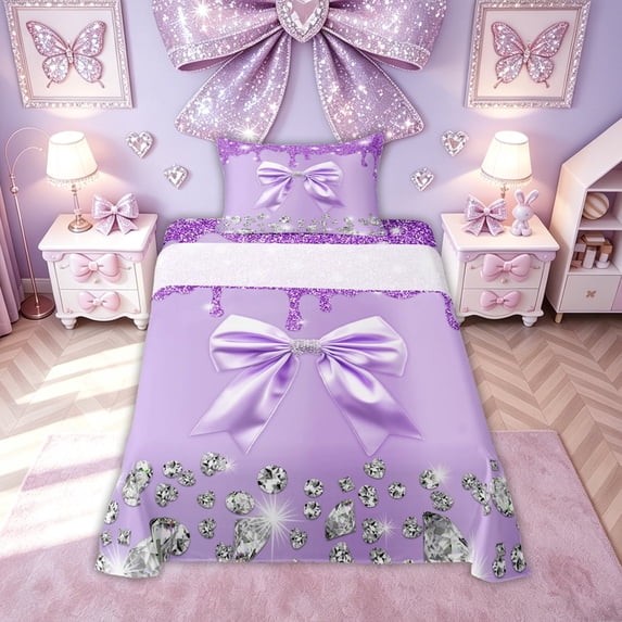 Meiyoeat Glitter Print Princess Bow Twin Sheet Sets for Women Girls, Fashion Bling Diamond Bedding, 3pcs