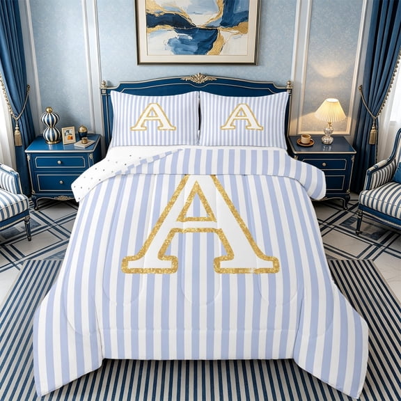 Meiyoeat Gold Glitter Letter A Queen Comforter Set 3pcs for Women Girls, Striped Monogram Bedding Comforter Set for Daily, Light Blue White