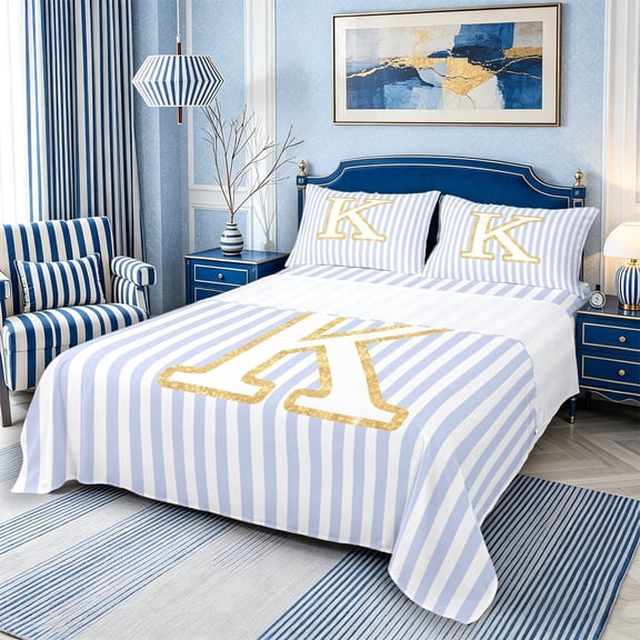 Meiyoeat Gold Glitter Letter K Queen Sheet Sets 4 Pieces for Women Juniors, Striped Monogram Bed Set for Nursery, Light Blue White