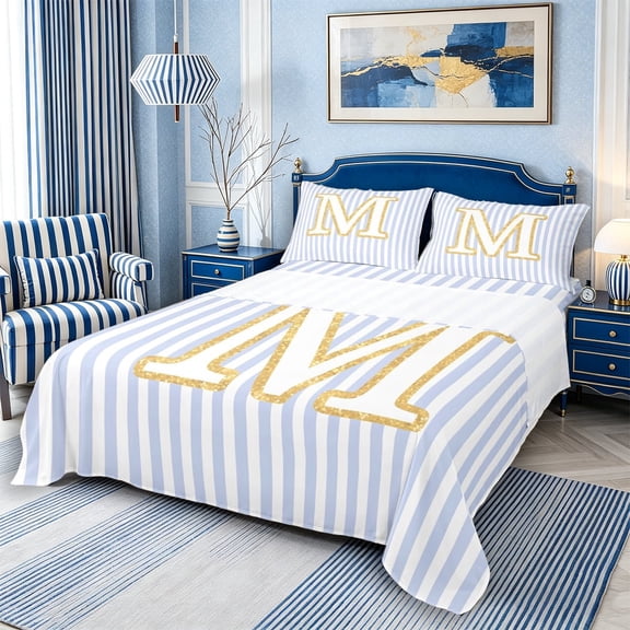 Meiyoeat Gold Glitter Letter M Queen Sheet Sets 4 Pieces for Women Kids, Striped Alphabet Bed Set for Bedroom, Light Blue White