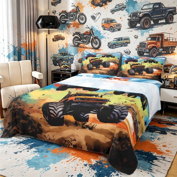 Meiyoeat Graffiti Monster Truck Bed Sheets 4-Piece for Boys,Checkered Race Flag Full Size Sheets,Orange Green,1 Fitted Sheet,1 Flat Sheet and 2 Pillowcases