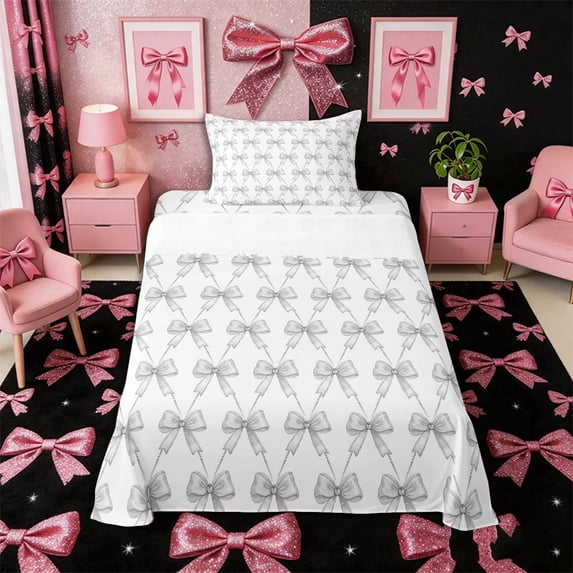 Meiyoeat Gray Bow Pattern Twin Sheets 3pcs, Geometric Plaid Bedding
