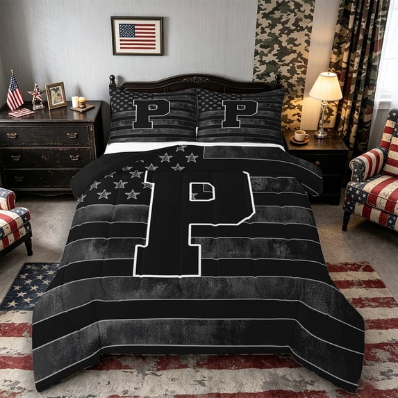 Meiyoeat Grunge Us Flag Letter P Full Size Comforter Sets 3-Piece for Men Adults,Classic Alphabet Bedding Comforter Set,Black Gray White,1 Comforter and 2 Pillowcases